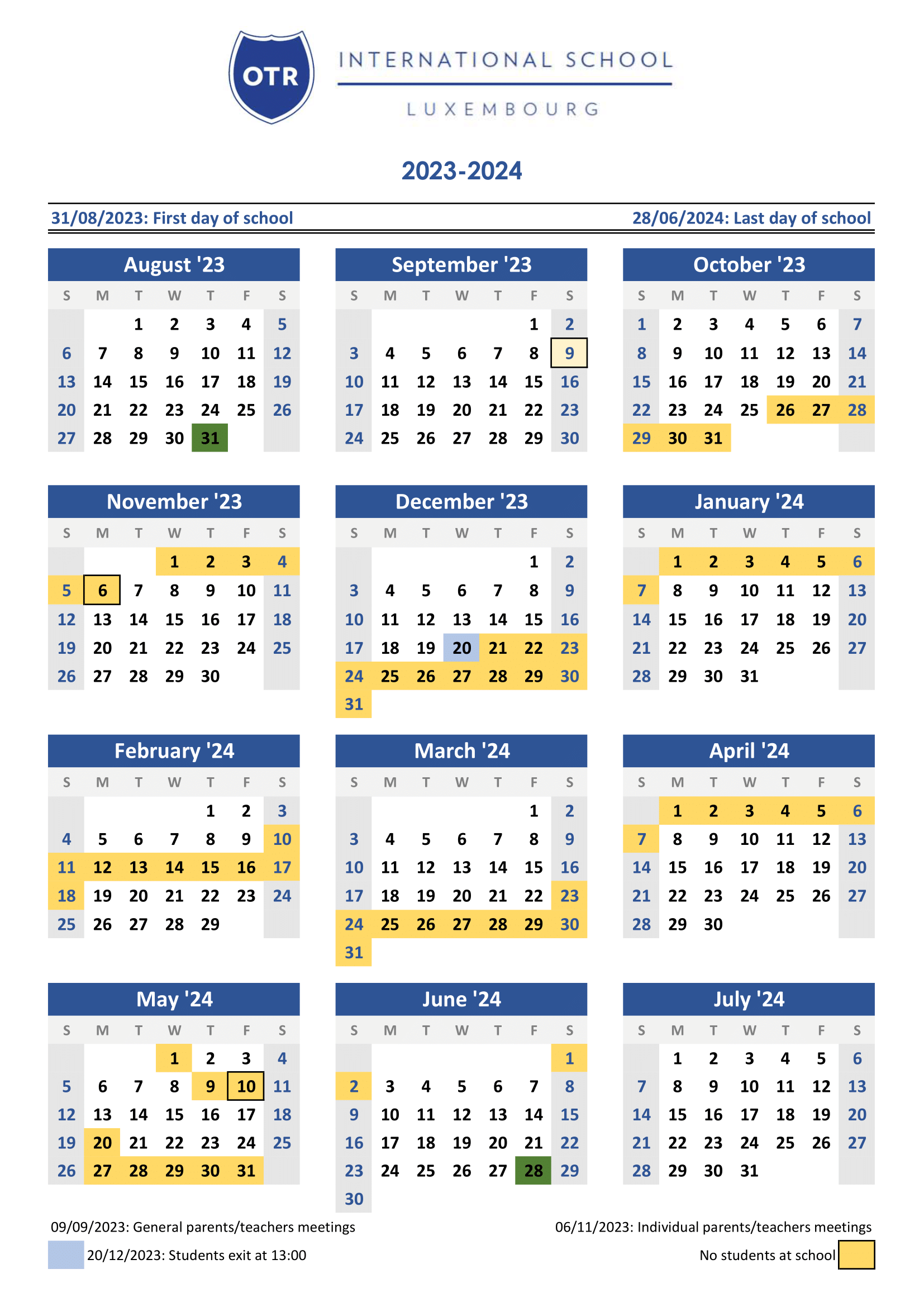 Calendrier général 2023-2024